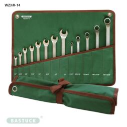 BASTUCK Classic: WZ3/R-14, Kombischlüsselsatz 13-Teilig mit „Vintage Britisch Racing Green“ Werkzeugrolle (Ringgabelschlüssel von 1/4“ bis 3/4“, Ringschlüssel von 1/4“ bis 13/16“)